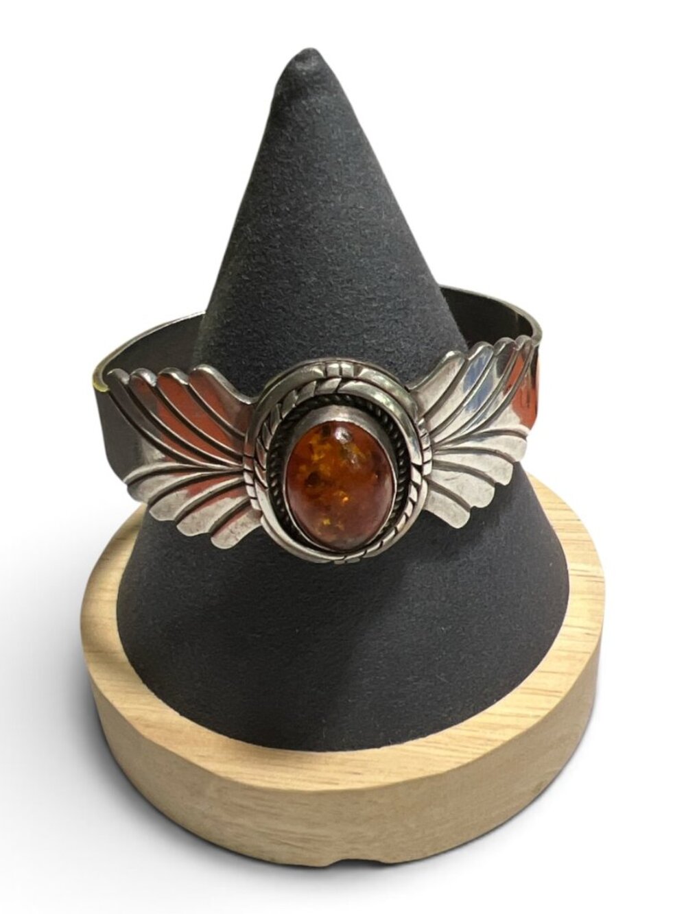 Vintage Navajo Lorenzo James Sterling Silver & Amber Wing Cuff Bracelet, 47.88g